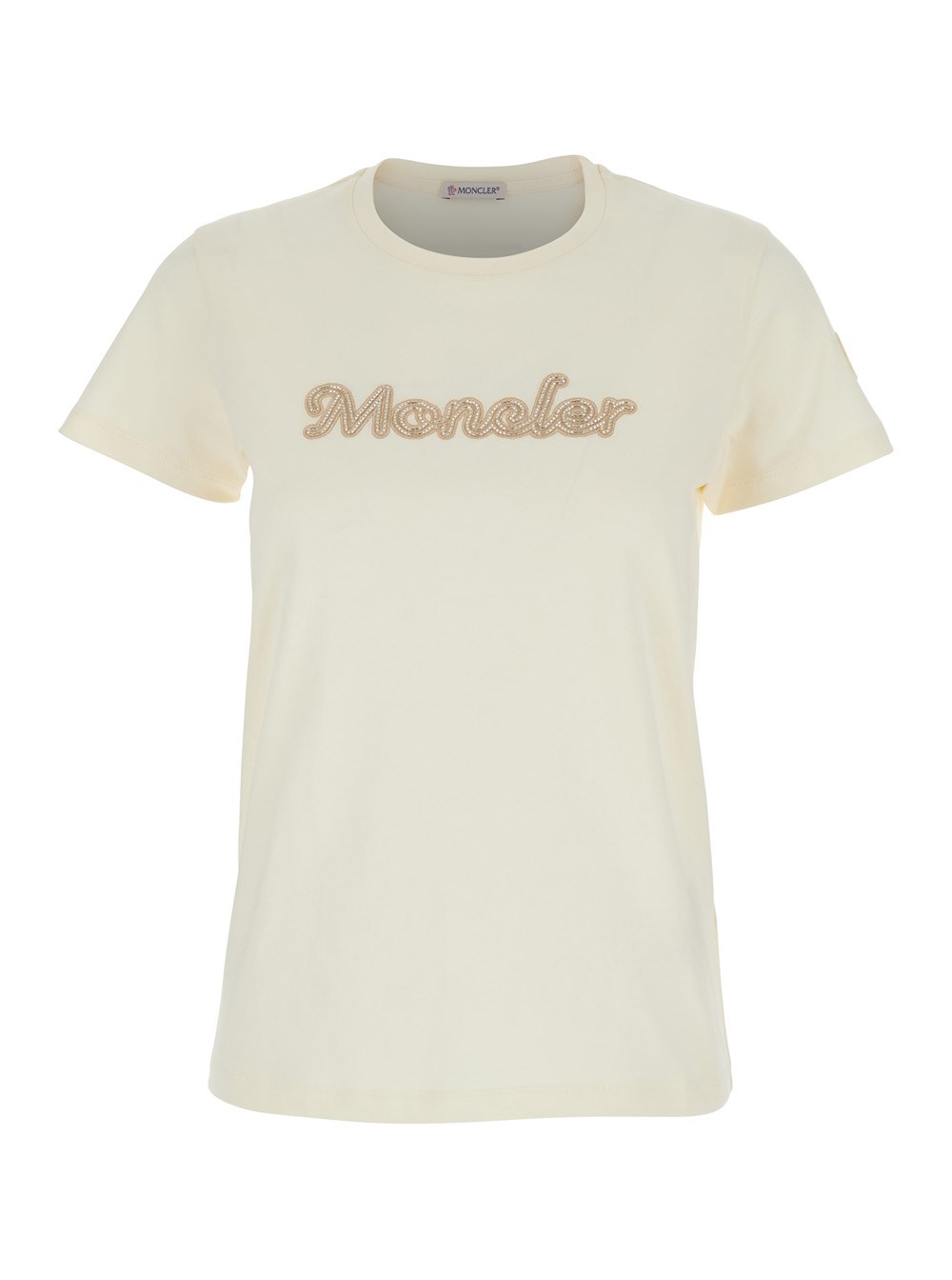 Moncler T-Shirt con Logo Ricamato sul Fronte e Patch Logo sulla Manica in Cotone Bianca Donna