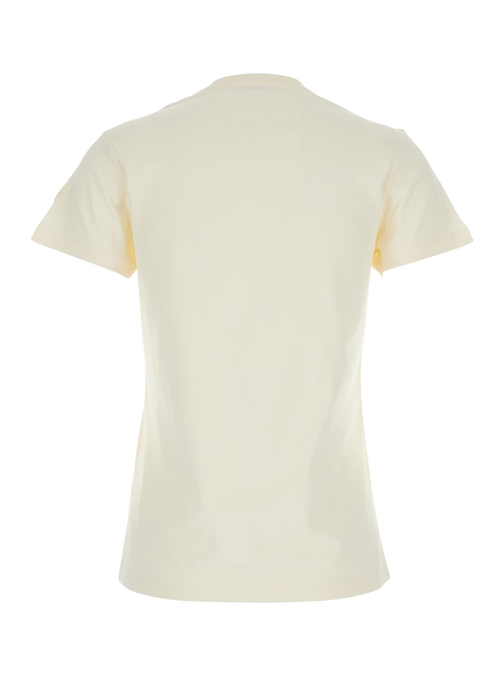 Moncler T-Shirt con Logo Ricamato sul Fronte e Patch Logo sulla Manica in Cotone Bianca Donna, view 2