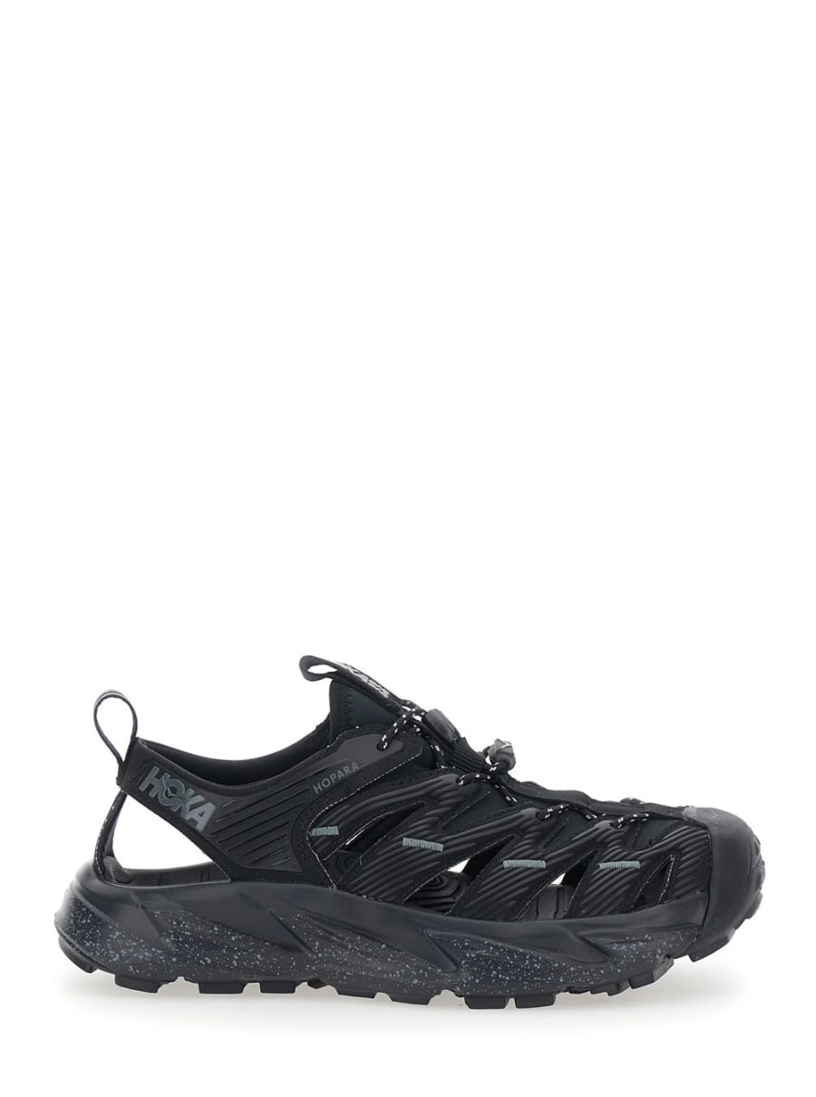 Hoka Sandali 'Hopara' con suola alta in gomma e logo lettering sul lato in tessuto tecnico Neri Unisex