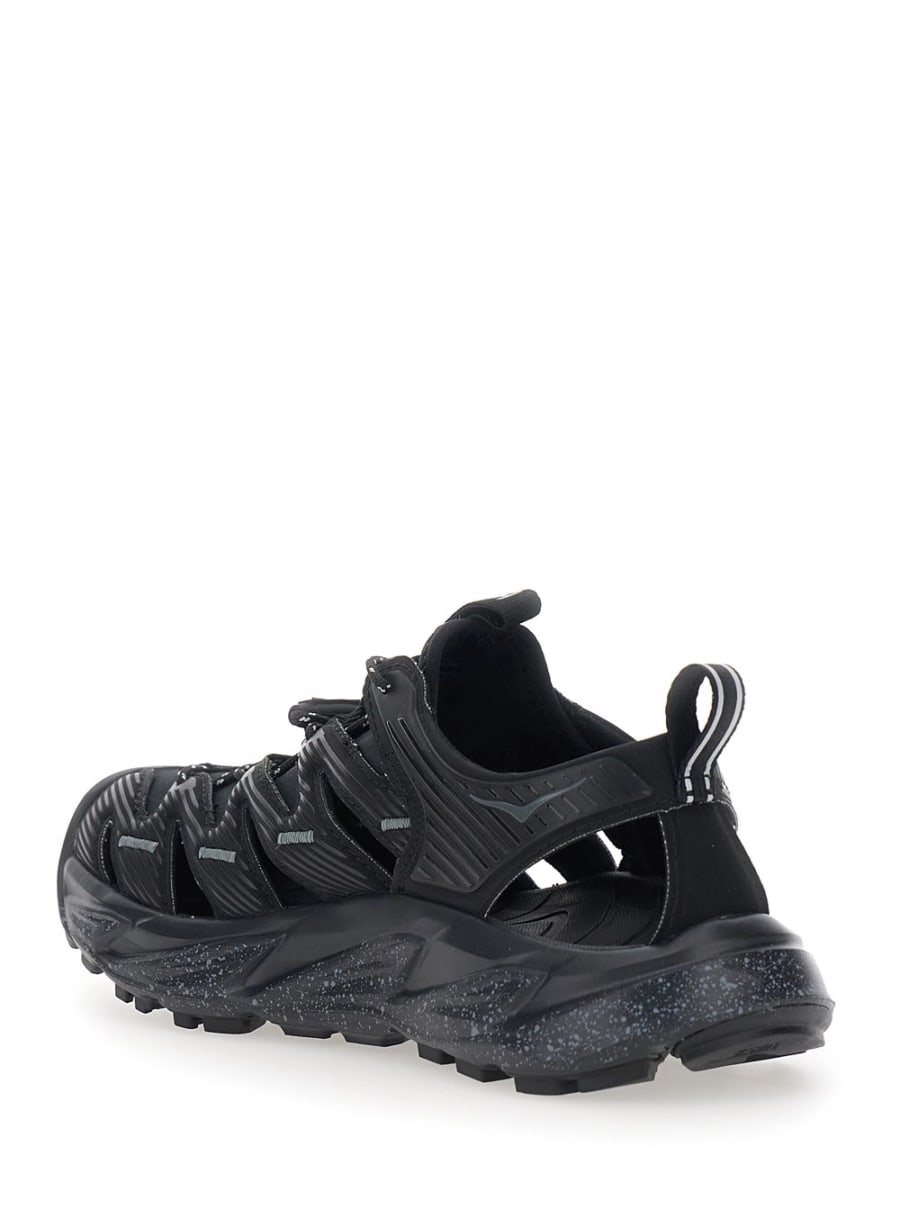Hoka Sandali 'Hopara' con suola alta in gomma e logo lettering sul lato in tessuto tecnico Neri Unisex, view 3