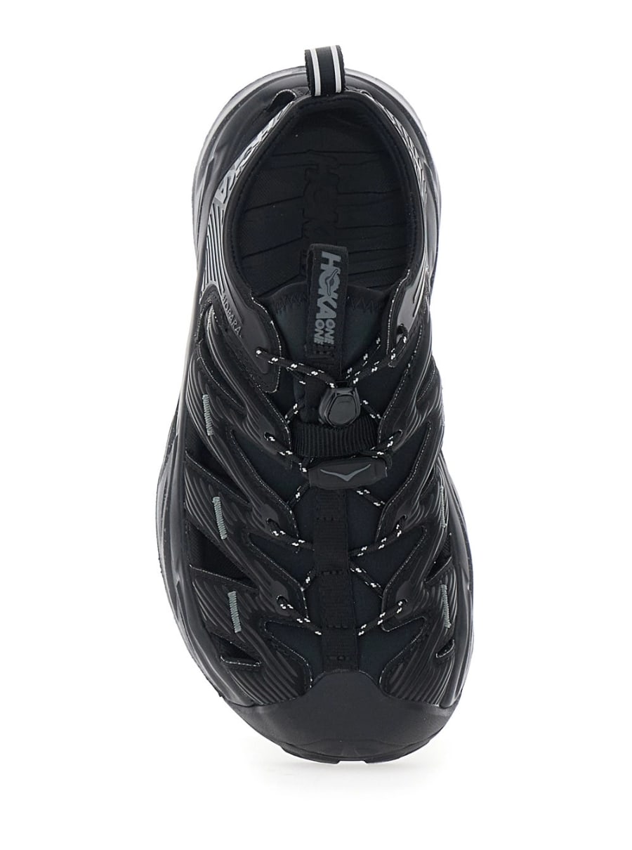 Hoka Sandali 'Hopara' con suola alta in gomma e logo lettering sul lato in tessuto tecnico Neri Unisex, view 4