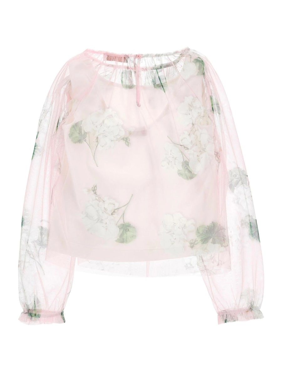 Monnalisa kids Top con Design Semi Trasparente e Motivo Floreale All-Over in Tulle Rosa Bambina, view 2