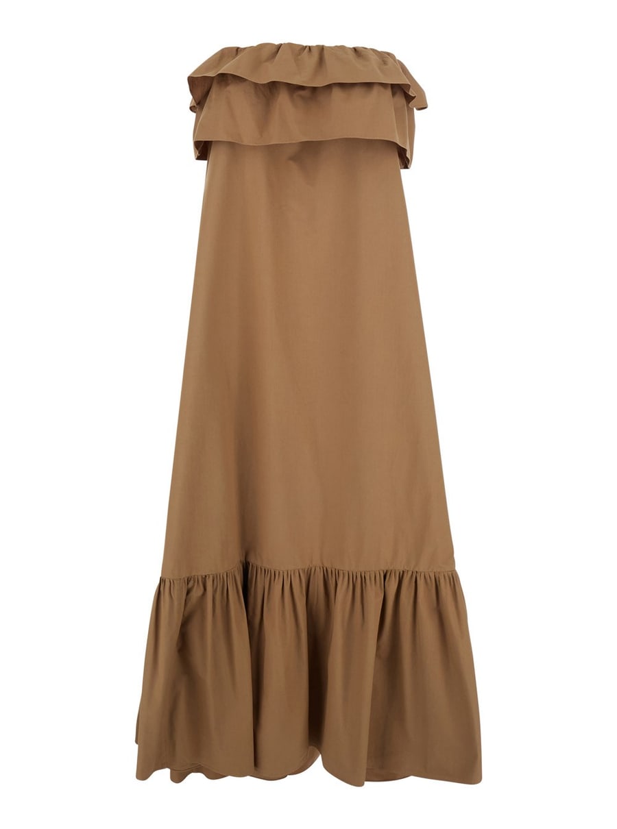 Saint Laurent Abito Lungo con Scollo Bustier e Gonna a Balze in Cotone Beige Donna