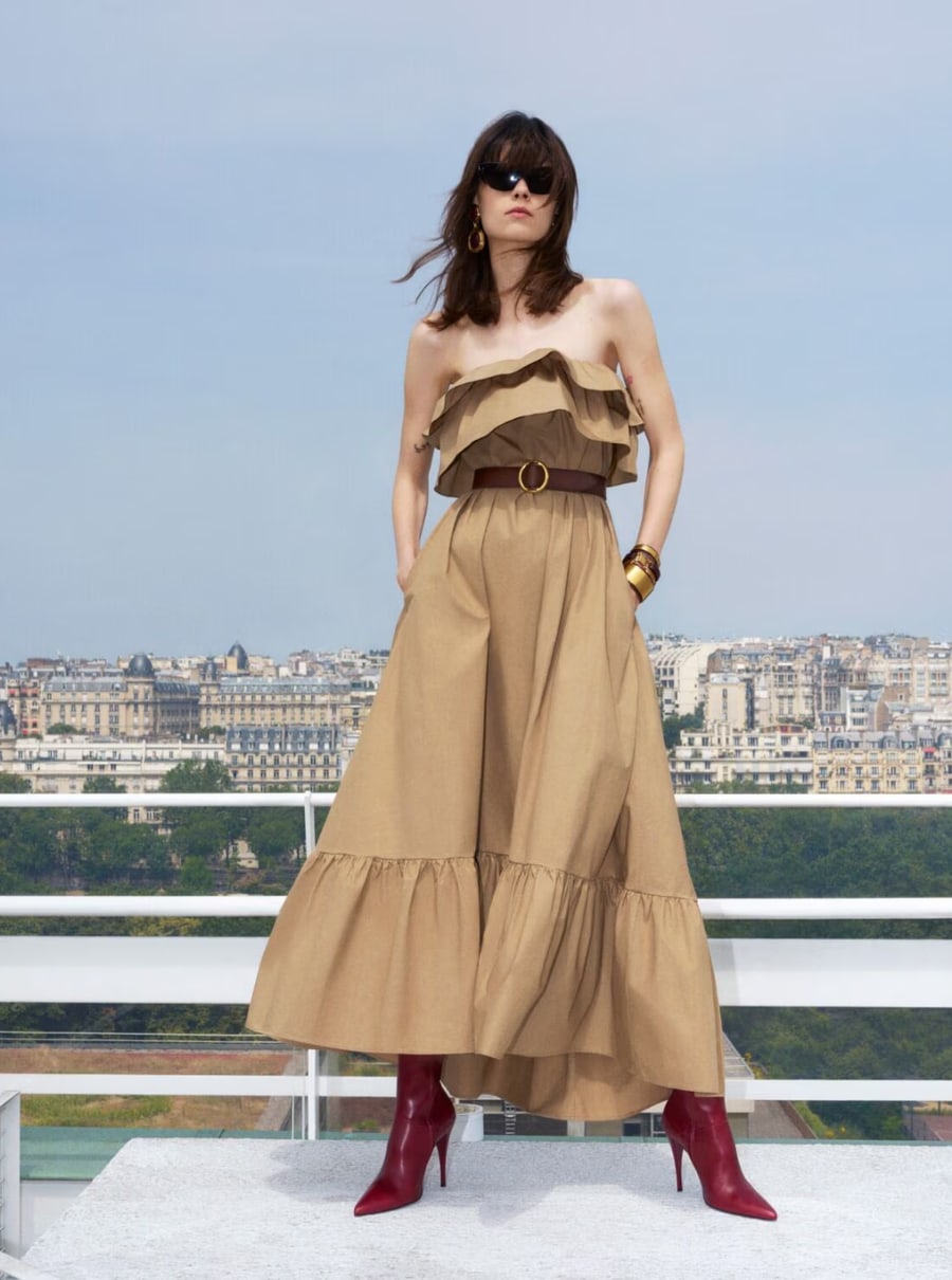 Saint Laurent Abito Lungo con Scollo Bustier e Gonna a Balze in Cotone Beige Donna, view 4