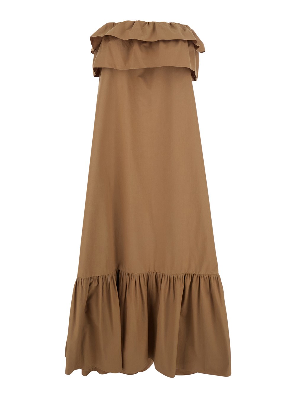 Saint Laurent Abito Lungo con Scollo Bustier e Gonna a Balze in Cotone Beige Donna