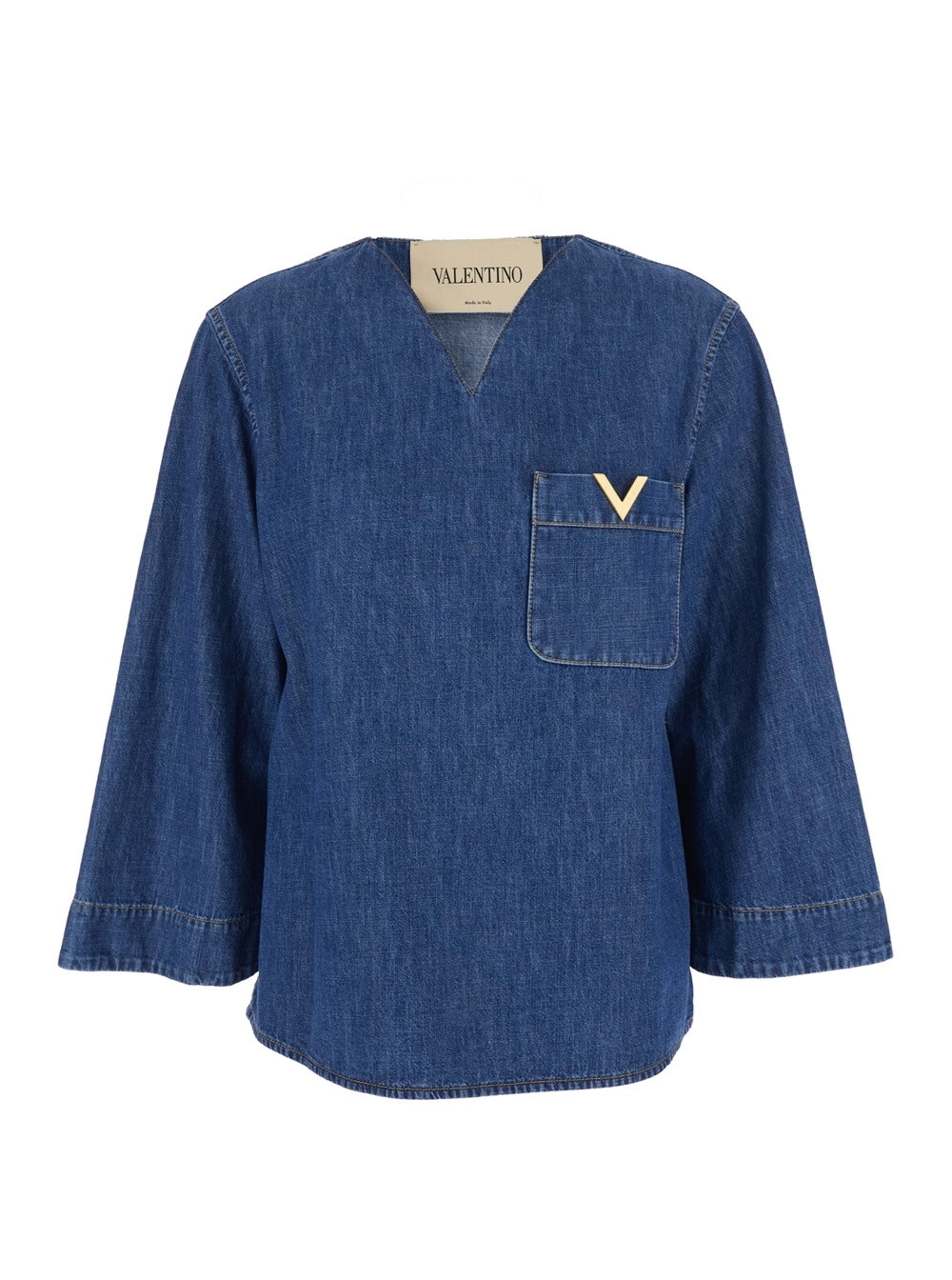 Valentino Blusa con Scollo a V e Placca VLogo sul Fronte in Cotone Blu Donna