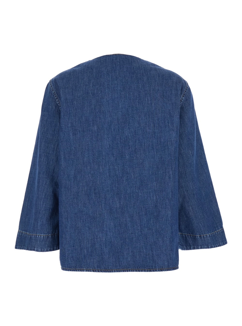 Valentino Blusa con Scollo a V e Placca VLogo sul Fronte in Cotone Blu Donna, view 2