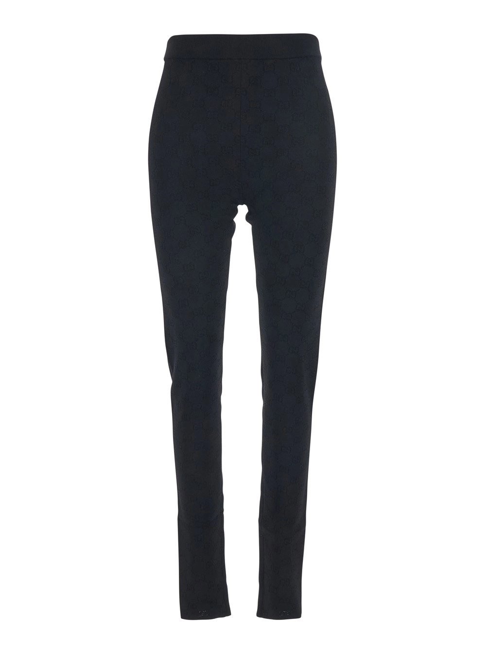 Gucci Leggings Neri con Vita a Coste e Ricamo GG All-Over in Misto Viscosa Donna