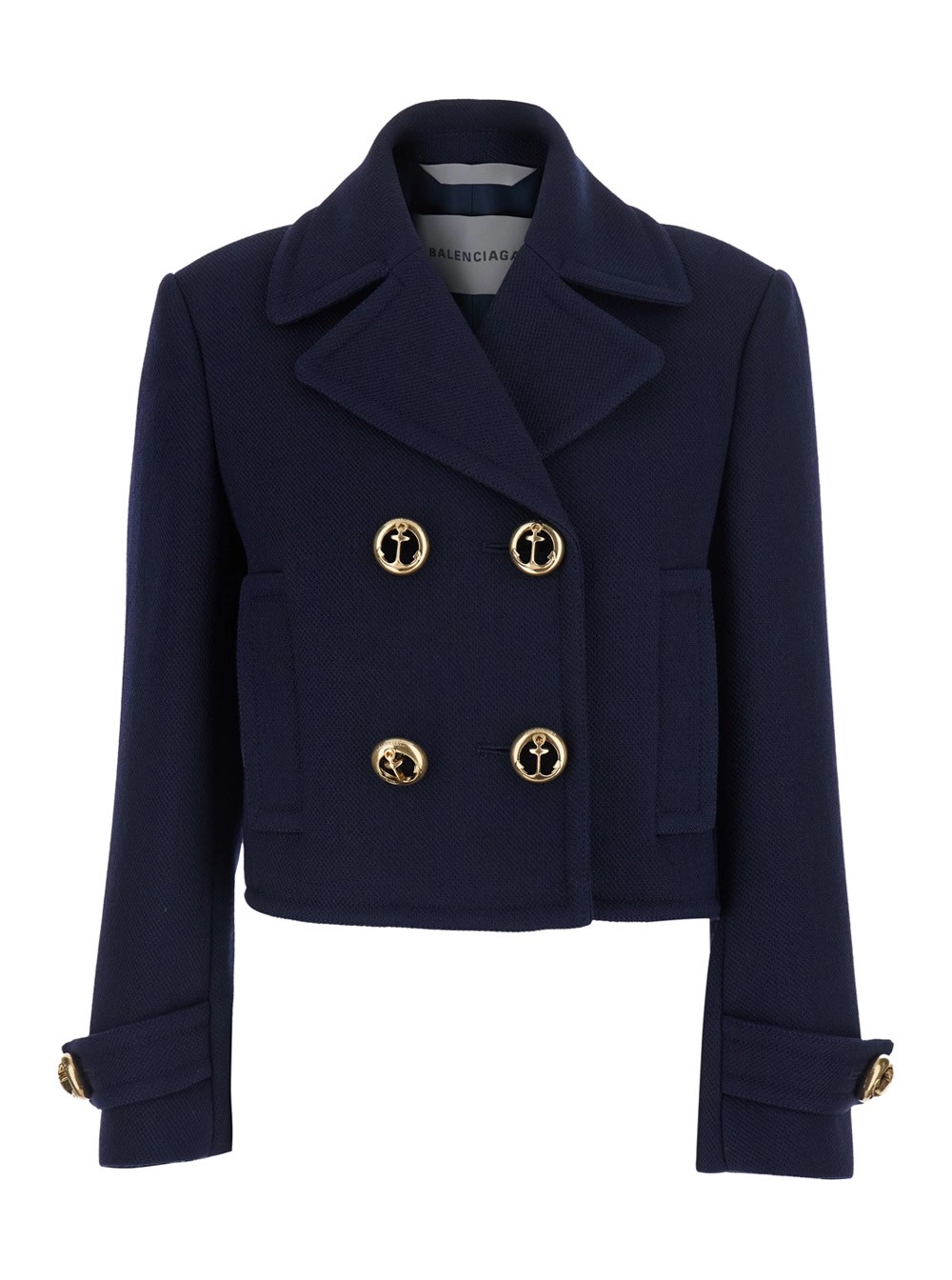 Balenciaga Giubbotto Crop con Revers Classici Ampi e Martingala in Lana Blu Donna