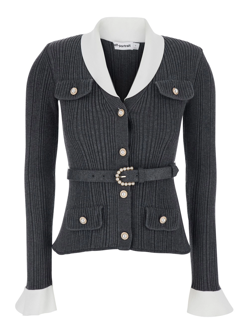 self-portrait Cardigan con lavorazione a coste e maniche lunghe in tessuto e cotone grigio donna