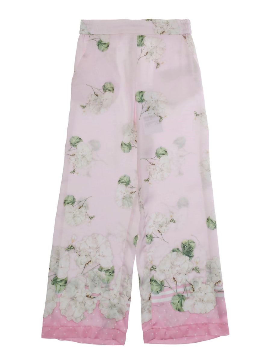 Monnalisa kids Pantaloni Rosa con Vita Elasticizzata e Motivo Floreale All-Over in Viscosa Bambina