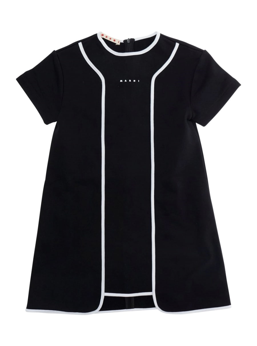 Marni kids Abito Girocollo con Dettagli a Contrasto sul Fronte e Logo Lettering sul Fronte in Cotone Nero Bambina