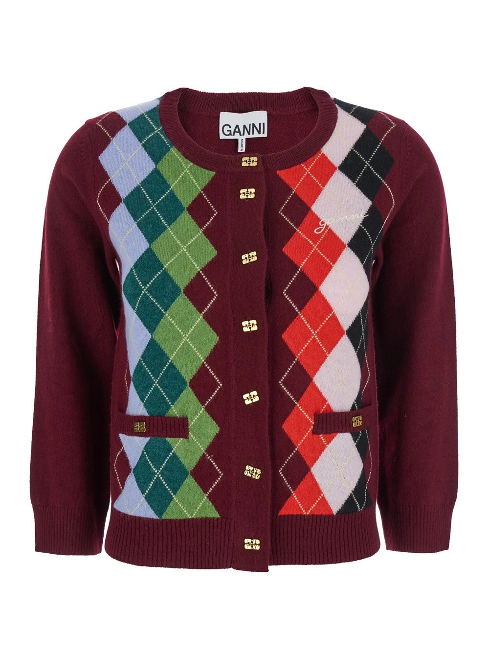Ganni Cardigan Girocollo con Motivo Geometrico sul Fronte e Bottoni Gioiello in Lana e Cashmere Multicolor Donna