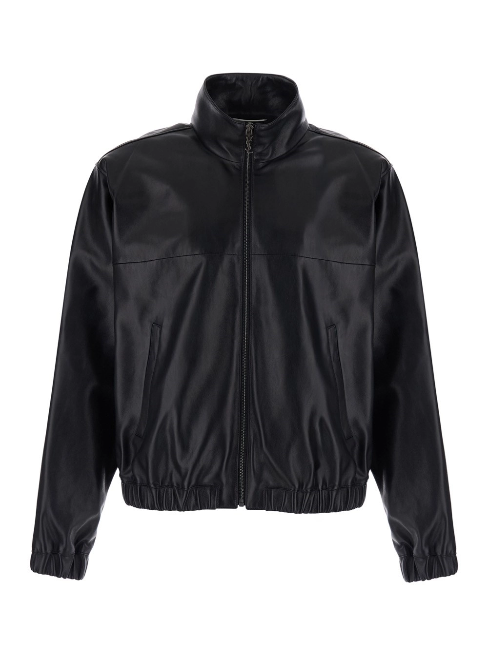 Saint Laurent Giubbotto a collo alto con chiusura con zip sul fronte e placca Cassandre sulla tiralampo in pelle nero uomo
