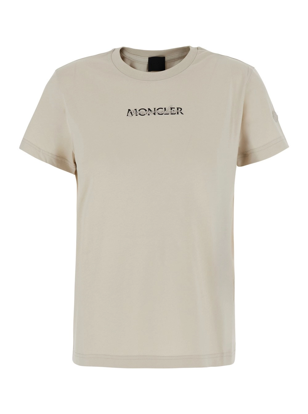 Moncler T-shirt girocollo con logo lettering sul fronte e patch logo sulla manica in cotone bianca donna