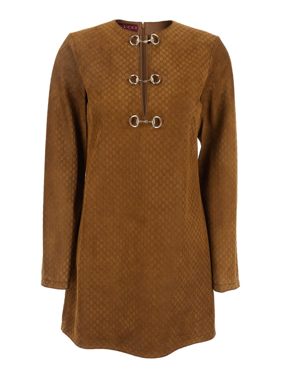 Gucci Abito con Dettagli Morsetti sul Fronte e Motivo GG All-Over in Pelle Scamosciata Marrone Donna