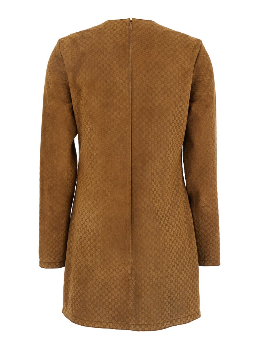 Gucci Abito con Dettagli Morsetti sul Fronte e Motivo GG All-Over in Pelle Scamosciata Marrone Donna, view 2