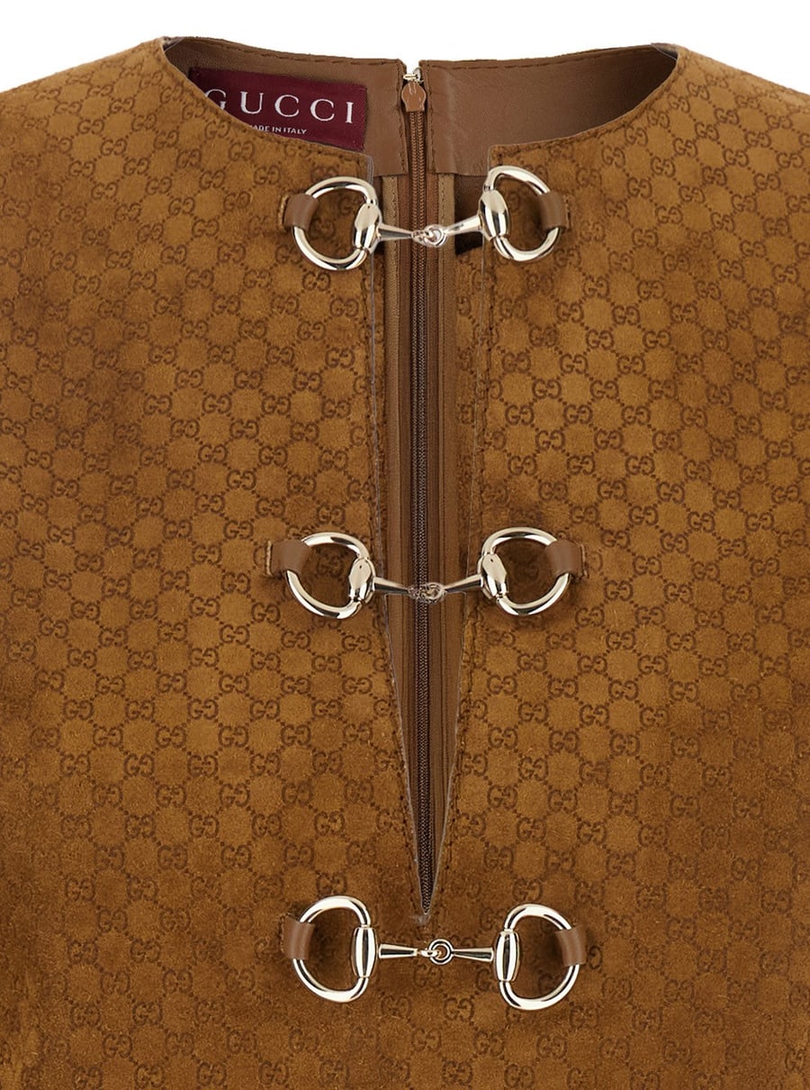 Gucci Abito con Dettagli Morsetti sul Fronte e Motivo GG All-Over in Pelle Scamosciata Marrone Donna, view 3