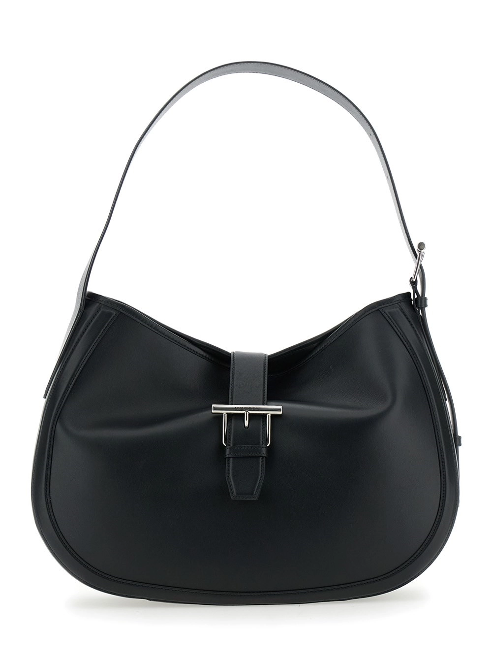 Alexander McQueen Borsa a Spalla con Tracolla Regolabile e Chiusura con Fibbia T sul Fronte in Pelle Nera Donna