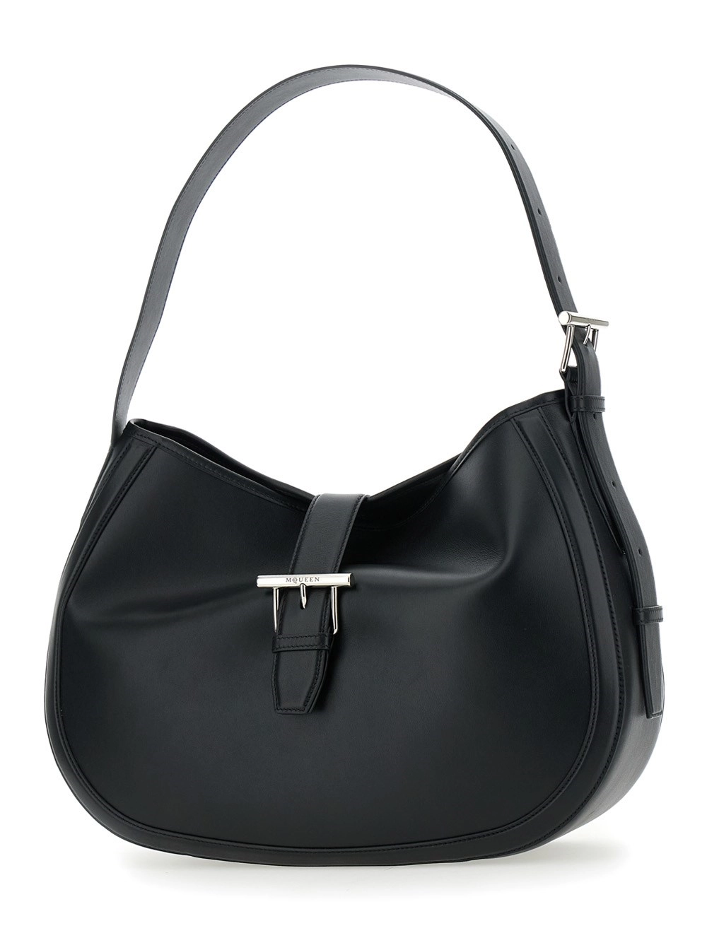 Alexander McQueen Borsa a Spalla con Tracolla Regolabile e Chiusura con Fibbia T sul Fronte in Pelle Nera Donna, view 2