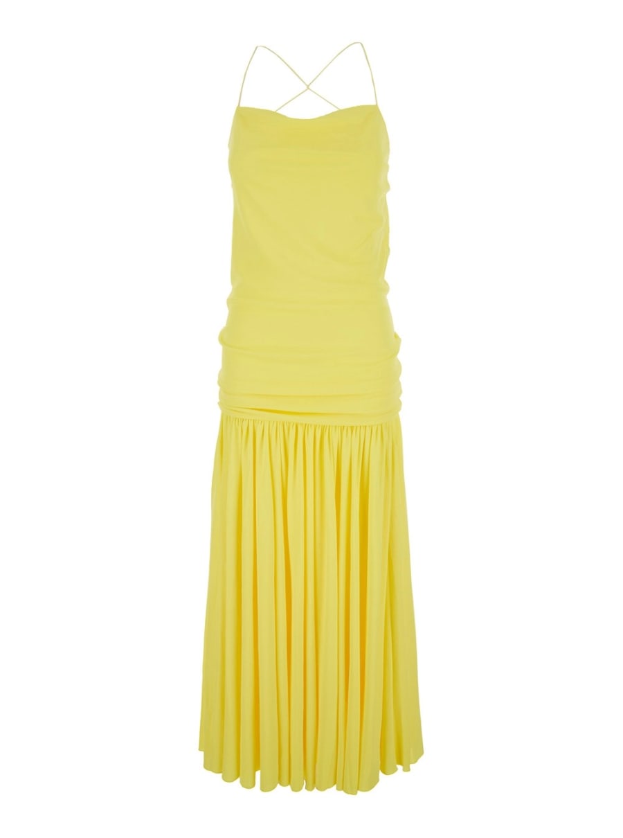 Jacquemus Abito con scollo dritto e vita arricciata in tessuto tecnico giallo donna