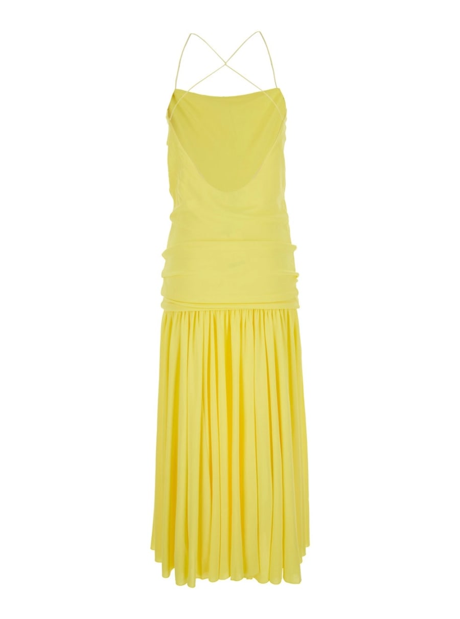Jacquemus Abito con scollo dritto e vita arricciata in tessuto tecnico giallo donna, view 2