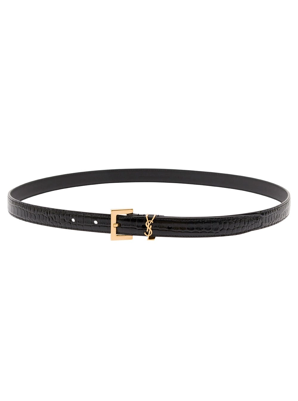 Saint Laurent Cintura Sottile con Fibbia Quadrata e Cassandre in Pelle Goffrata Coccodrillo Nera Donna