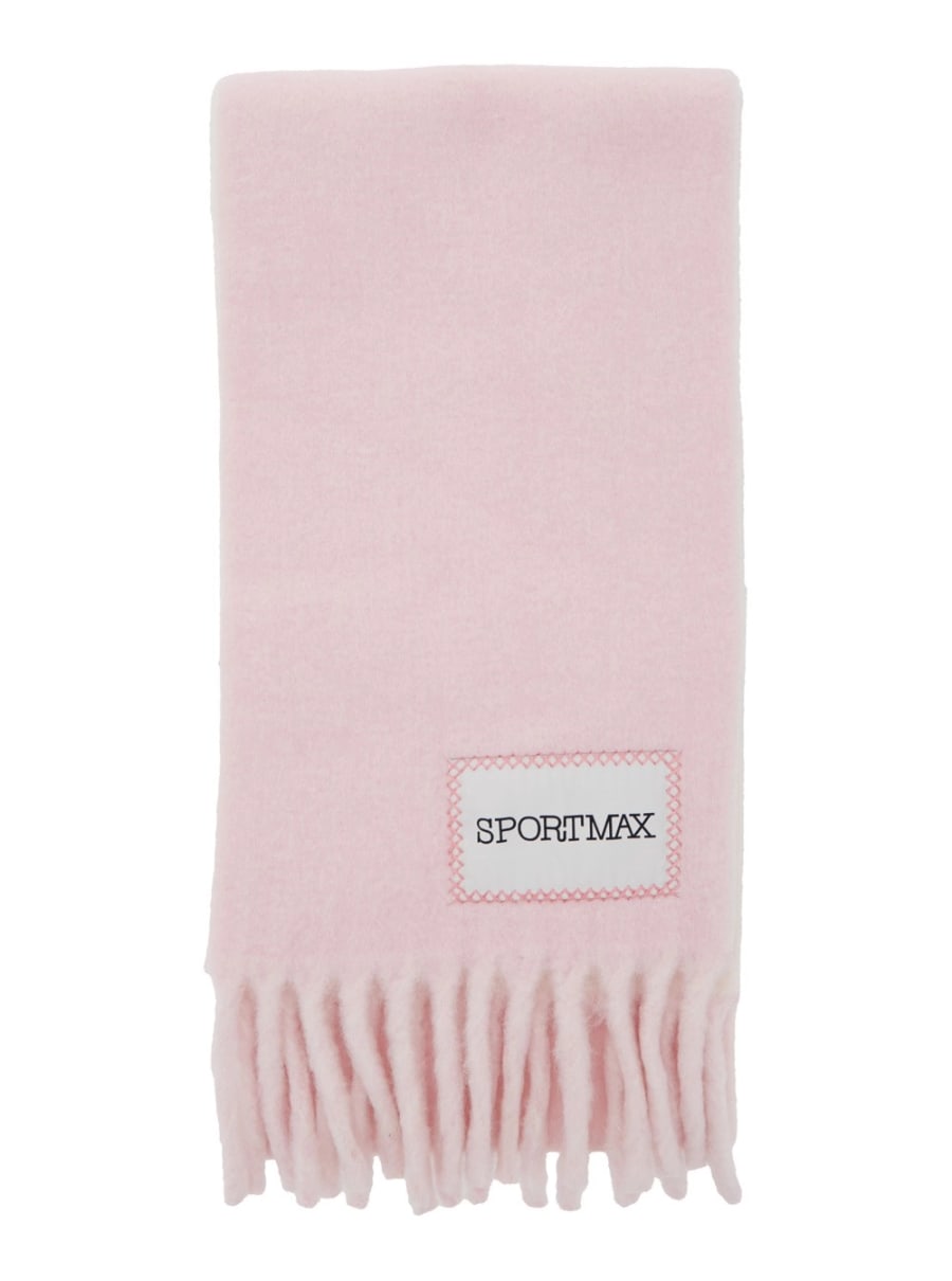 Sportmax Sciarpa con Patch Logo sul Fronte e Orlo Sfrangiato in Misto Lana Rosa Donna