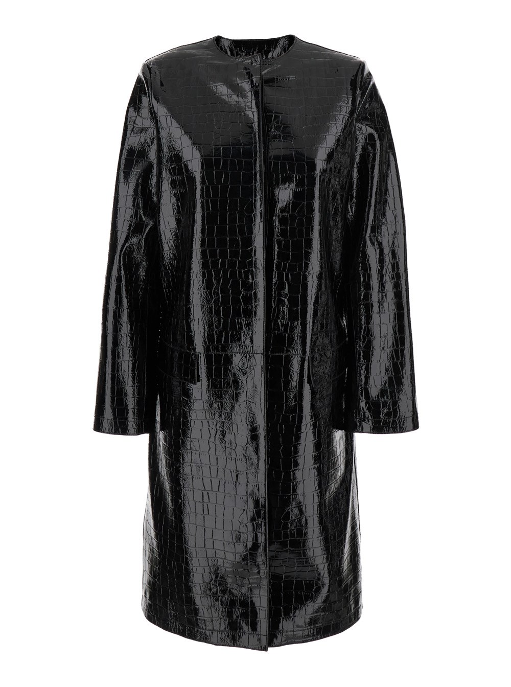 Toteme Cappotto con Chiusura con Bottoni sul Fronte e Effetto Pelle di Coccodrillo in Pelle Nero Donna