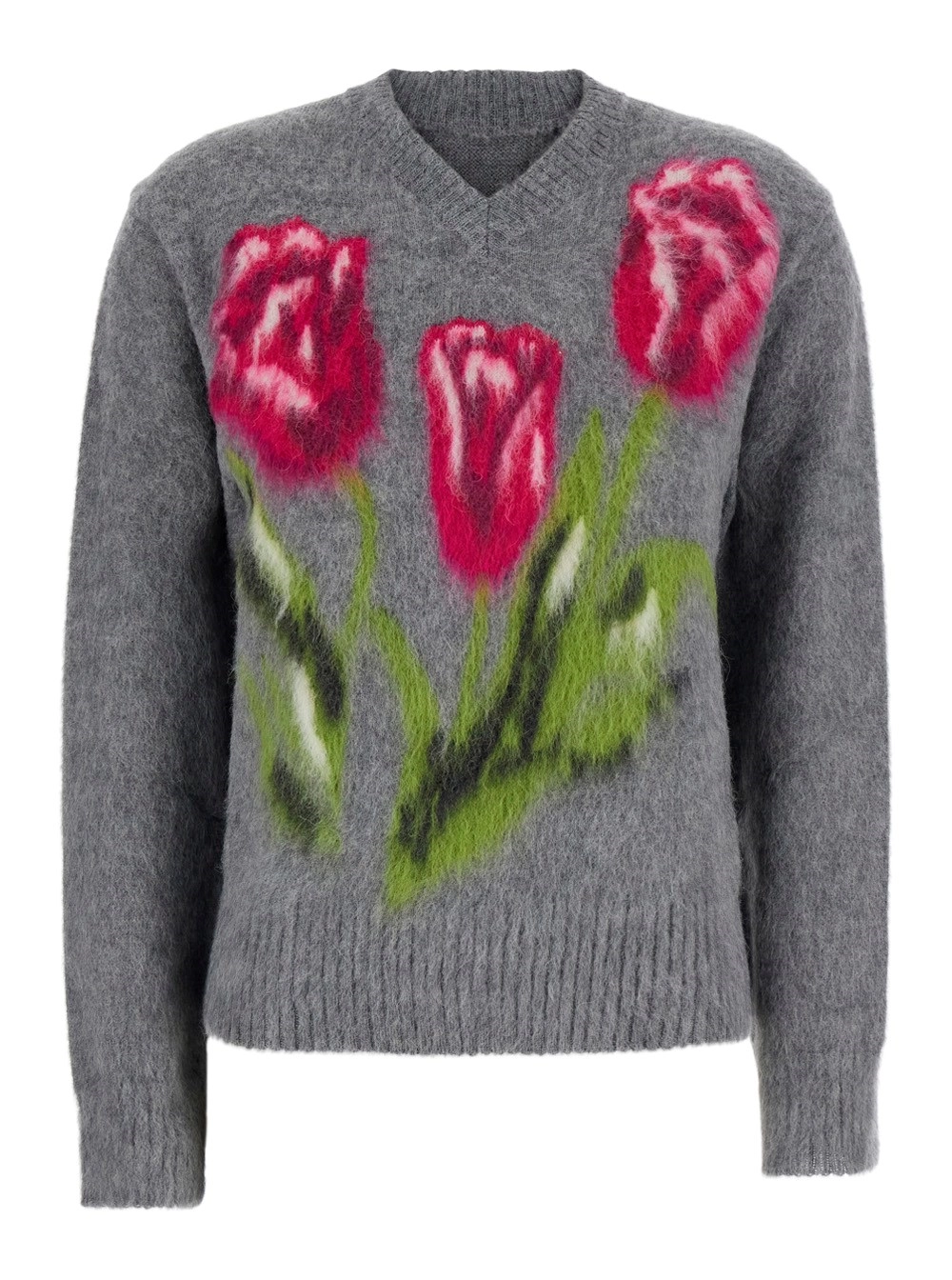 Maison Margiela Maglione con stampa floreale ed effetto spazzolato in misto lana grigio donna