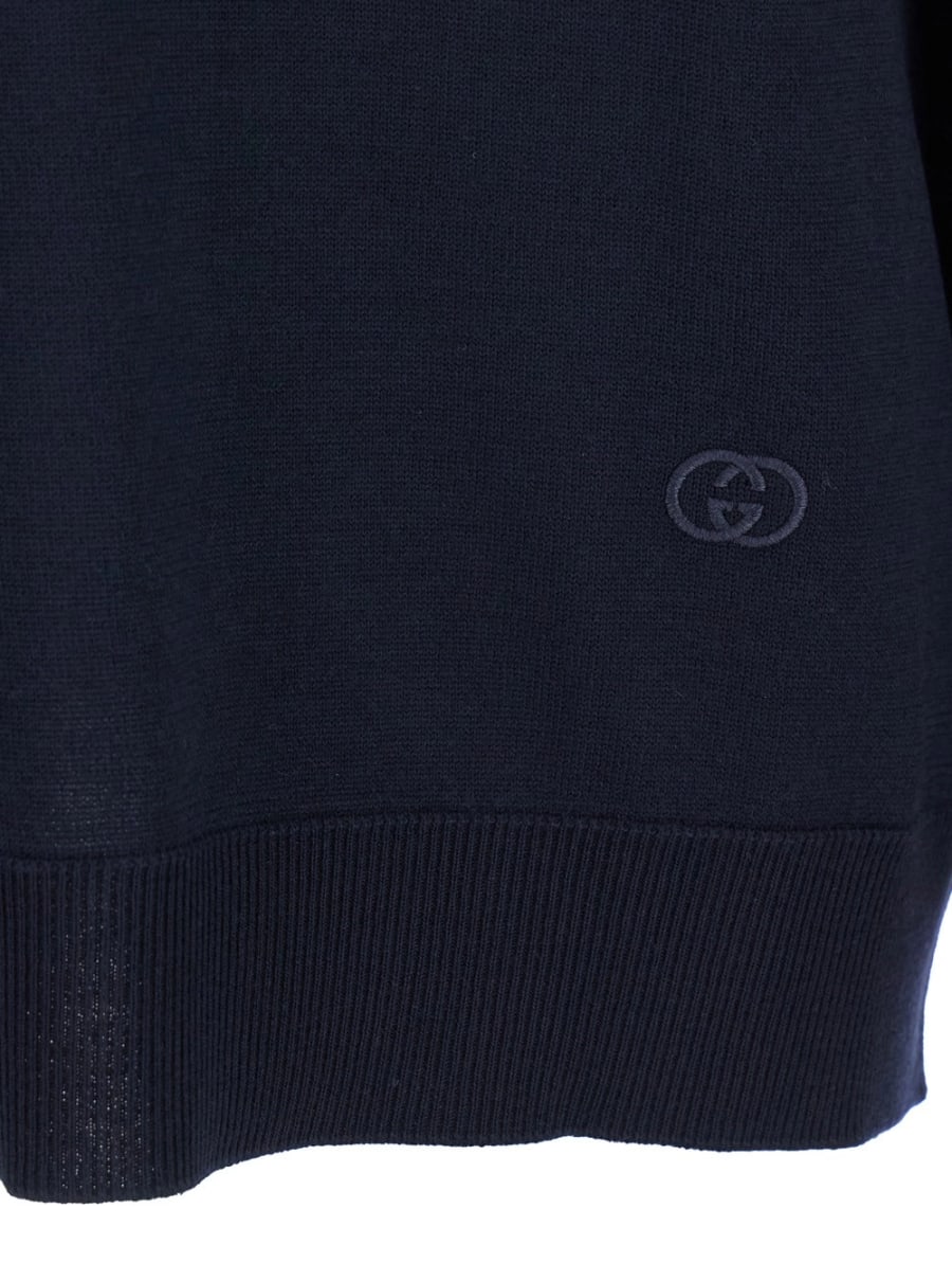 Gucci Maglione con Colletto Stile Polo e Logo GG sul Fronte in Lana Blu Donna, view 3