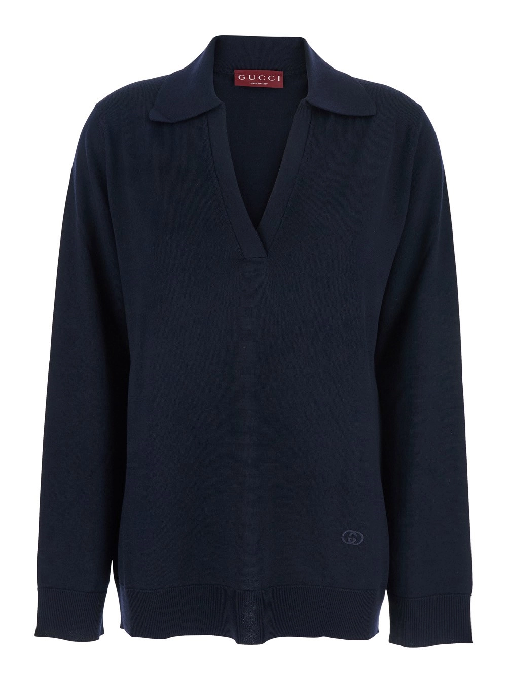 Gucci Maglione con Colletto Stile Polo e Logo GG sul Fronte in Lana Blu Donna