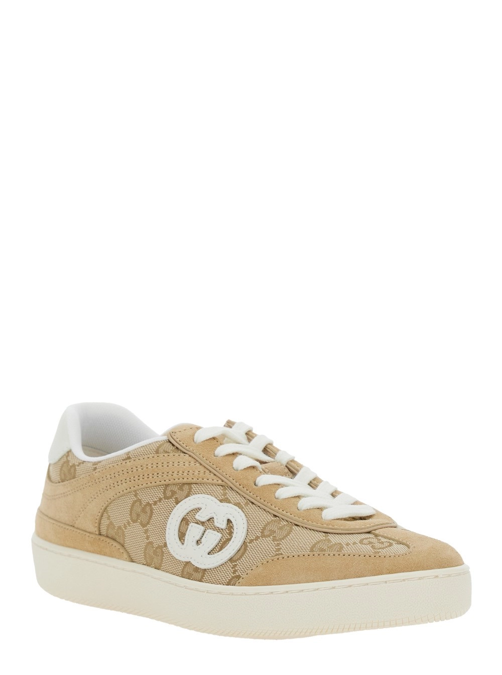 Gucci Sneaker 'G75' con Motivo GG All-Over e Logo Laterale in Suede Beige Donna, view 2