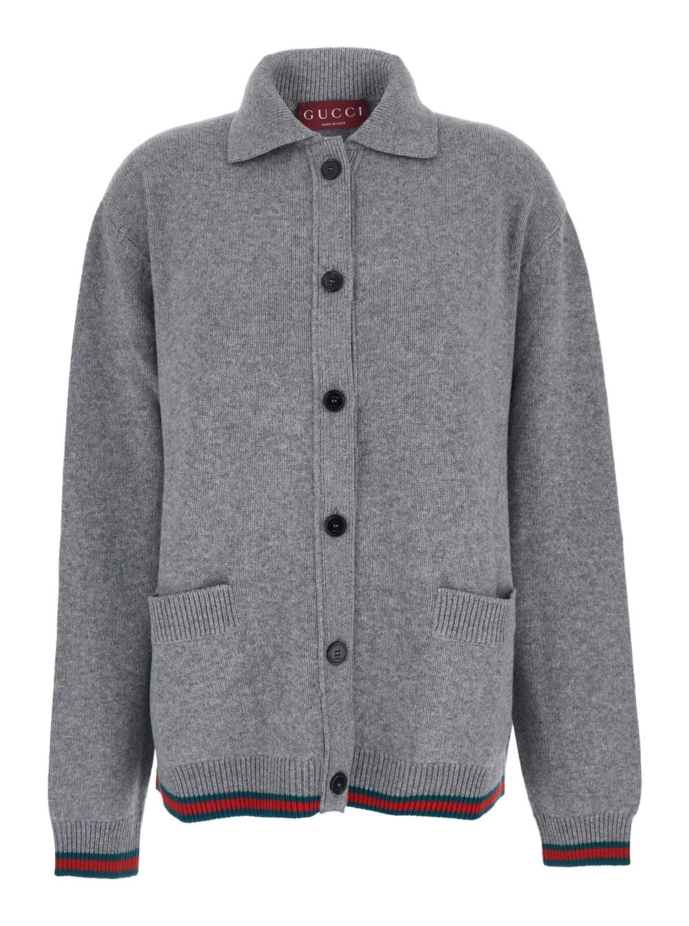 Gucci Cardigan con Colletto a Punta e Dettagli Web su Bordi in Misto Lana e Cashmere Grigio Donna