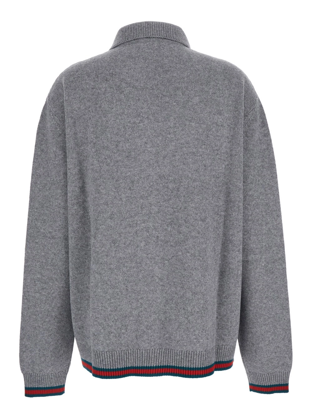 Gucci Cardigan con Colletto a Punta e Dettagli Web su Bordi in Misto Lana e Cashmere Grigio Donna, view 2