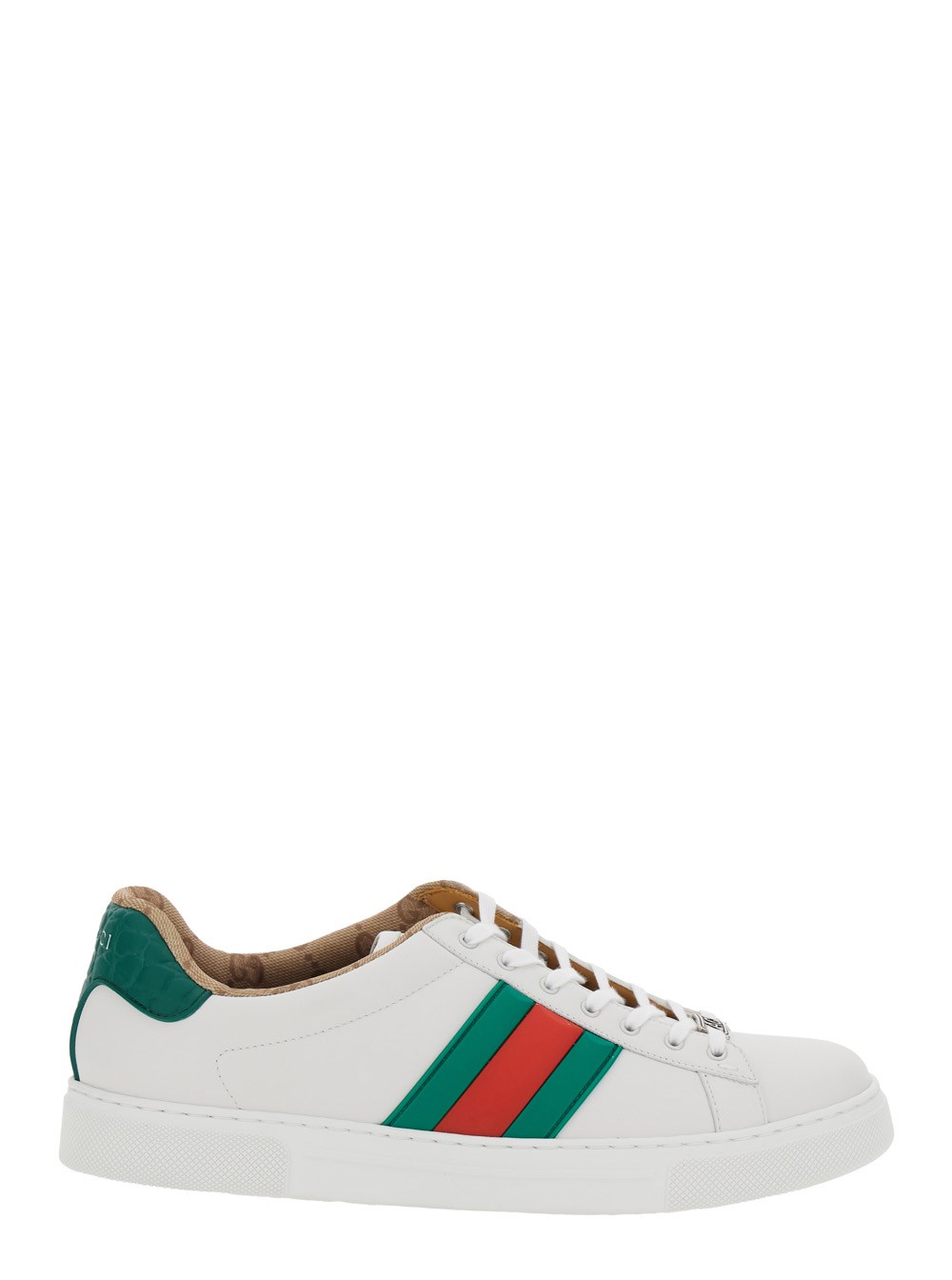 Gucci Sneaker 'Ace' con Dettaglio Web sul Lato e Targhetta sul Fronte in Pelle Bianche Uomo