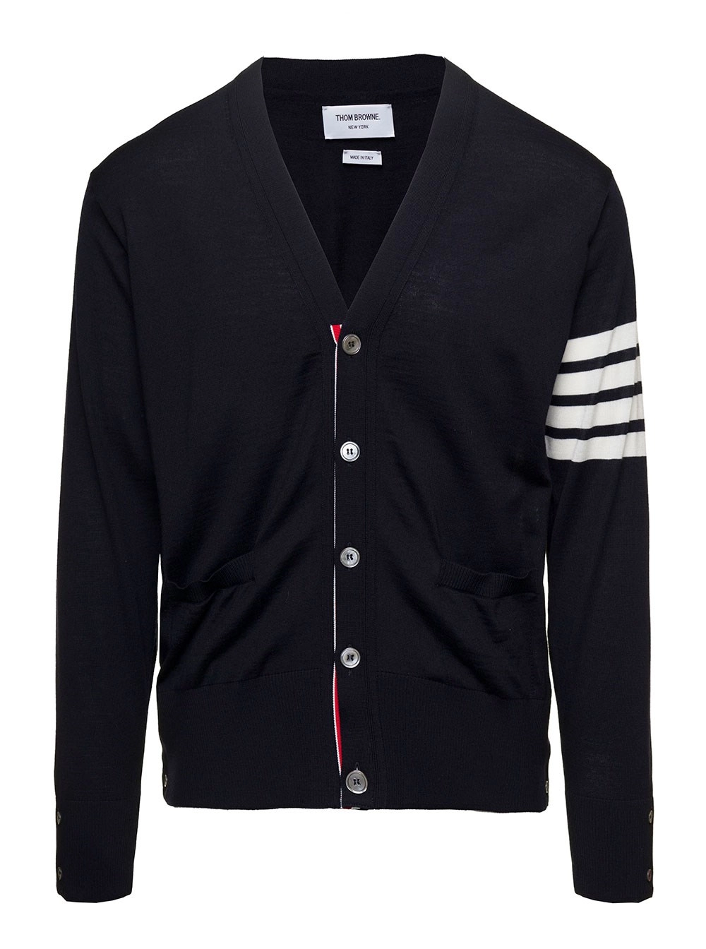 Thom Browne Cardigan con Scollo a V e Dettaglio Stripe in Lana blu Uomo