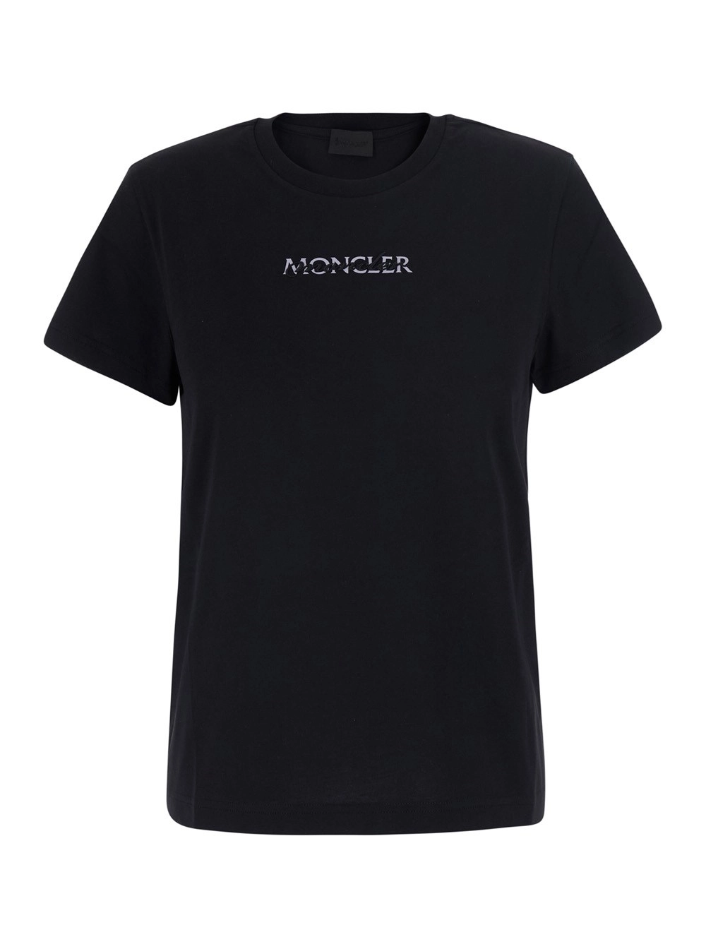 Moncler T-shirt girocollo con logo lettering sul fronte e patch logo sulal manicai n cotone nera donna