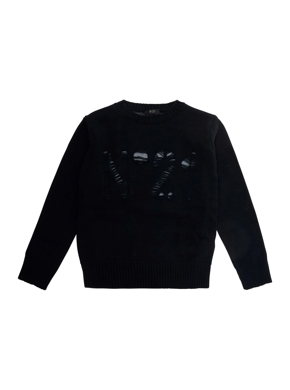 N°21 kids Maglione girocollo con ricamo logo sul fronte in misto lana nero bambino