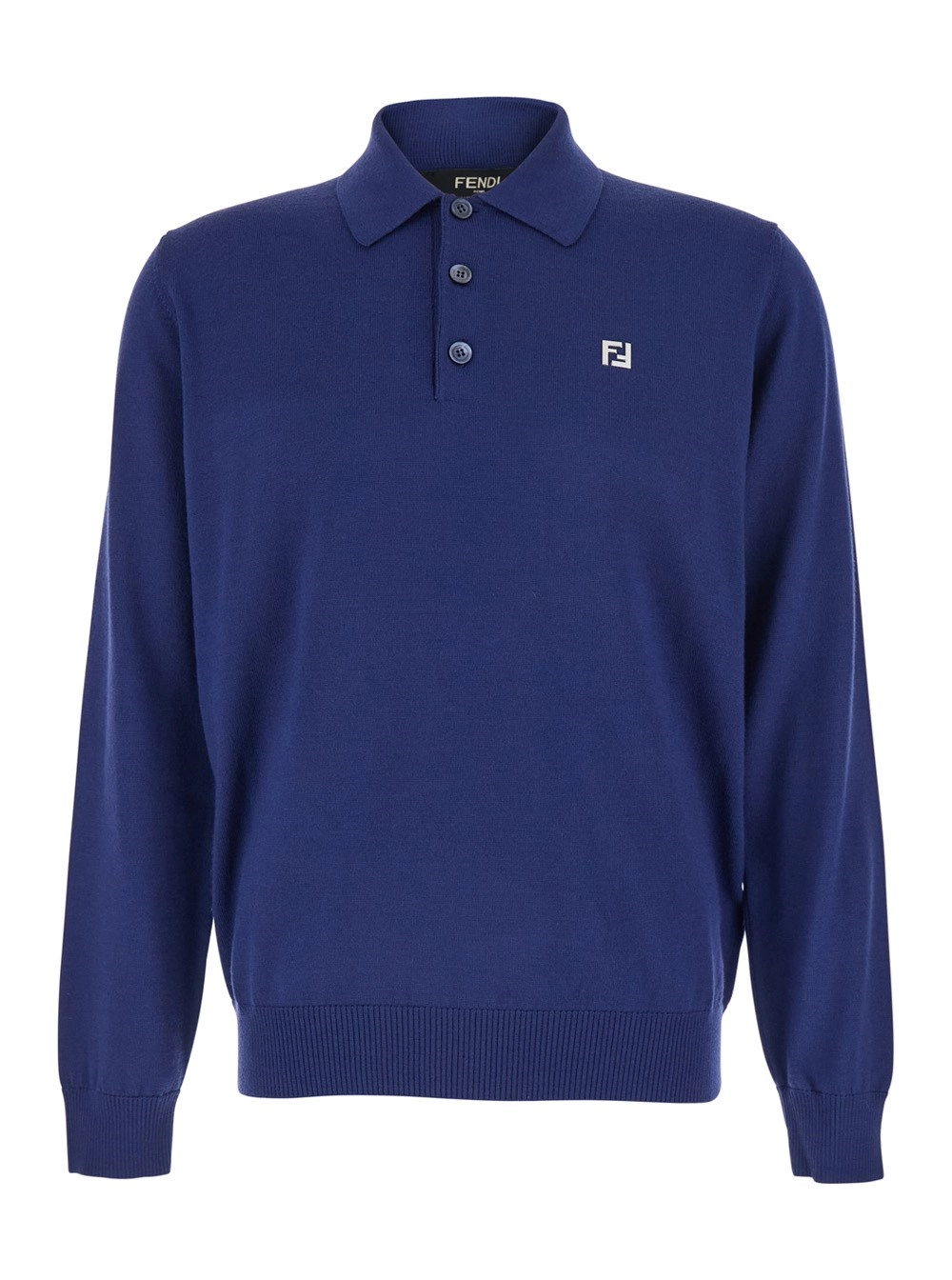 Fendi Polo a Maniche Lunghe con Colletto Classico e Placca FF sul Fronte in Lana Blu Uomo