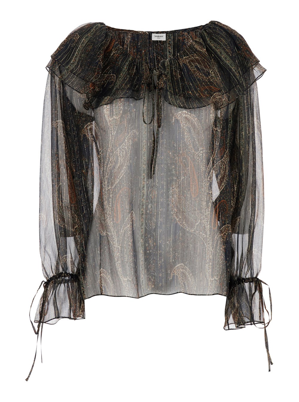 Saint Laurent Blusa con Design a Spalle Scoperte e Maniche a Poeta con Coulisse in Misto Seta Multicolor Donna