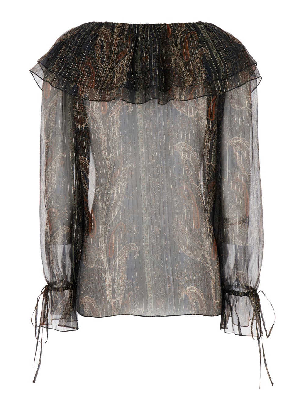 Saint Laurent Blusa con Design a Spalle Scoperte e Maniche a Poeta con Coulisse in Misto Seta Multicolor Donna, view 2