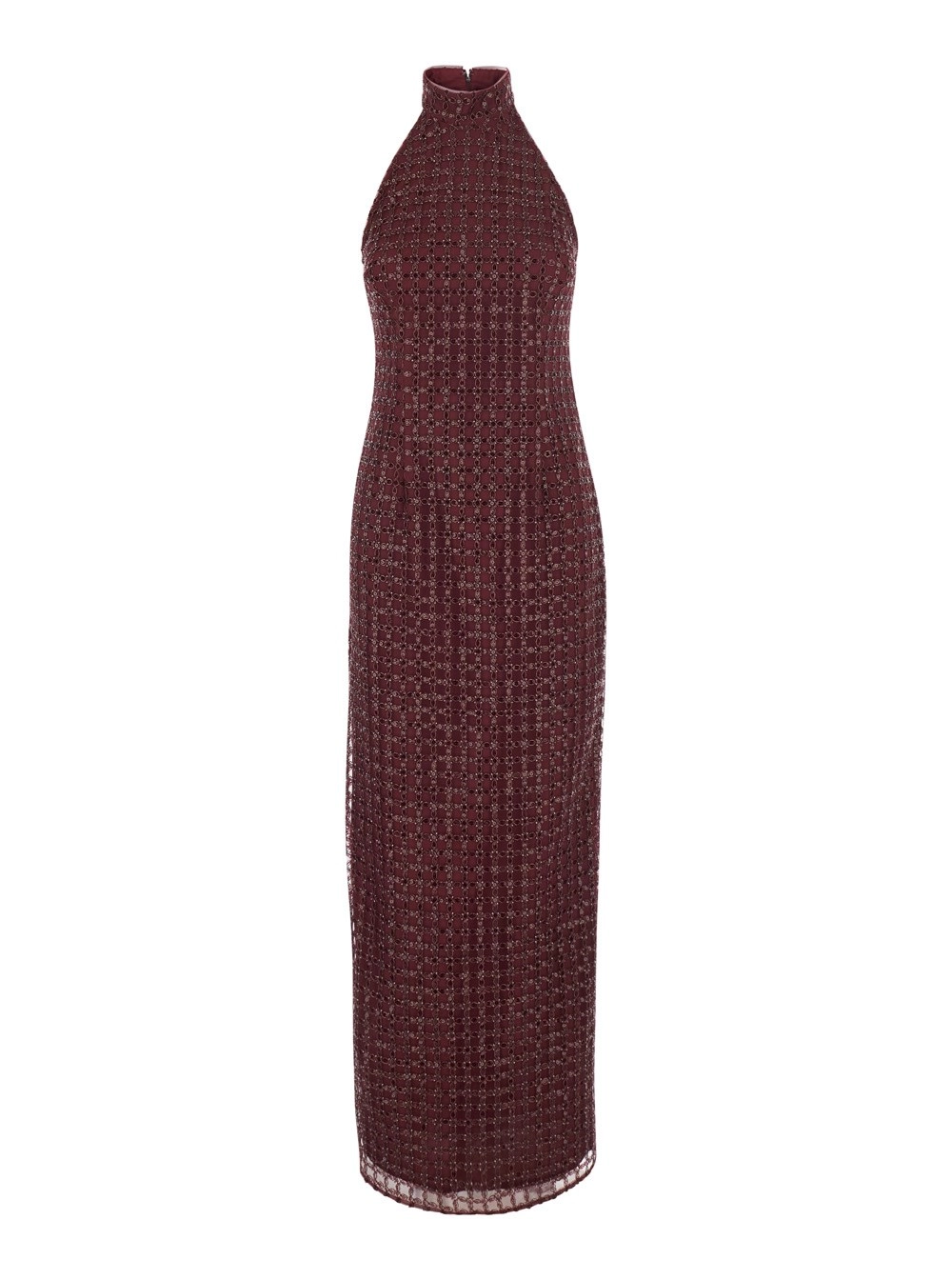 Rotate Abito lungo smanicato con scollo all'americana e paillettes all-over in tessuto tecnico bordeaux sonna