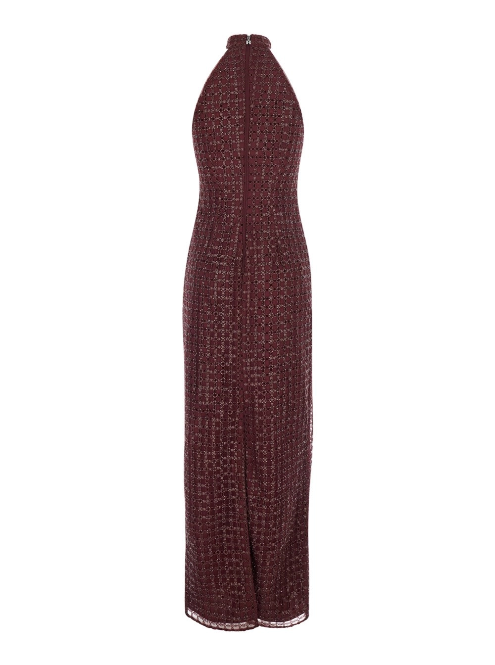Rotate Abito lungo smanicato con scollo all'americana e paillettes all-over in tessuto tecnico bordeaux sonna, view 2