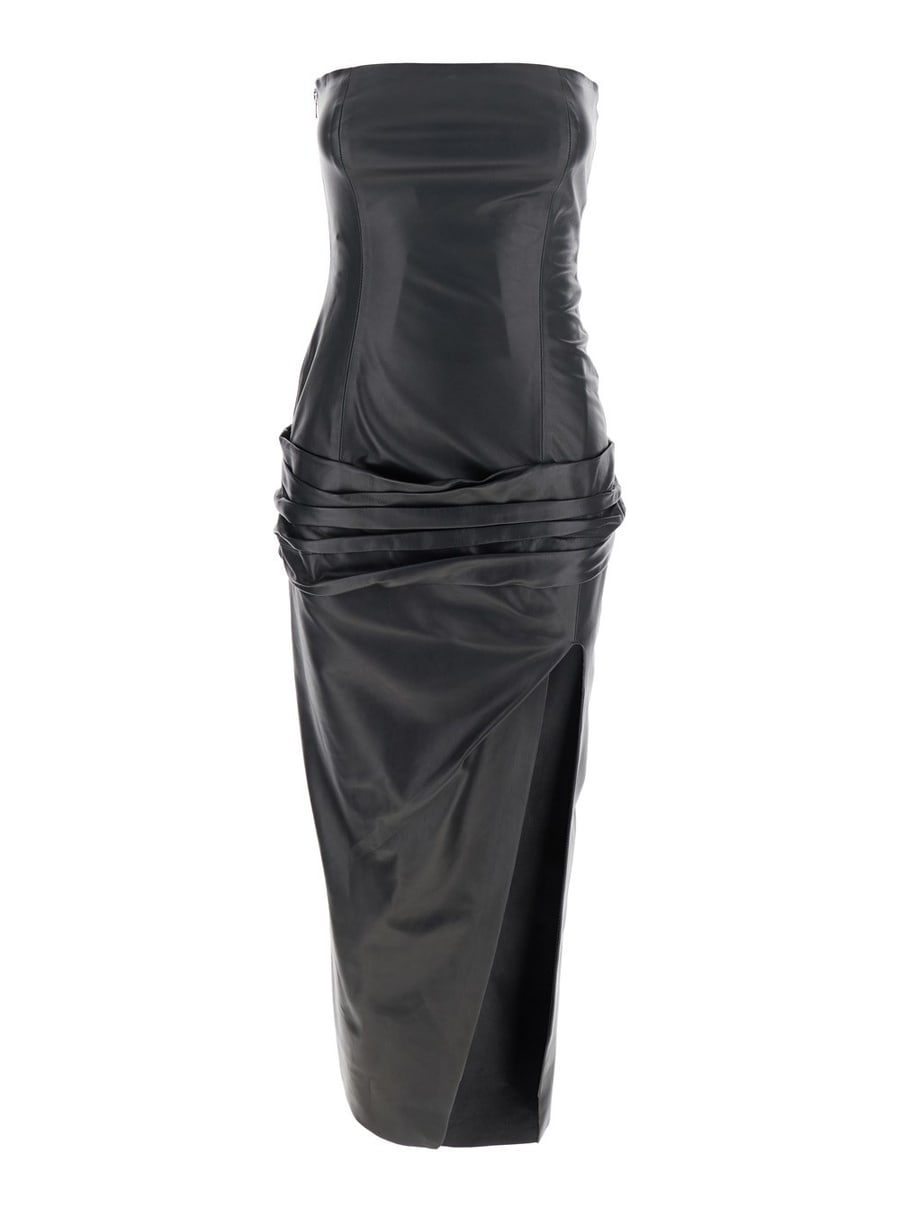 The Attico Abito Midi Smanicato a Spalle Scoperte con Singolo Spacco sul Fronte e Arricciatura in Vita in Pelle Nero Donna