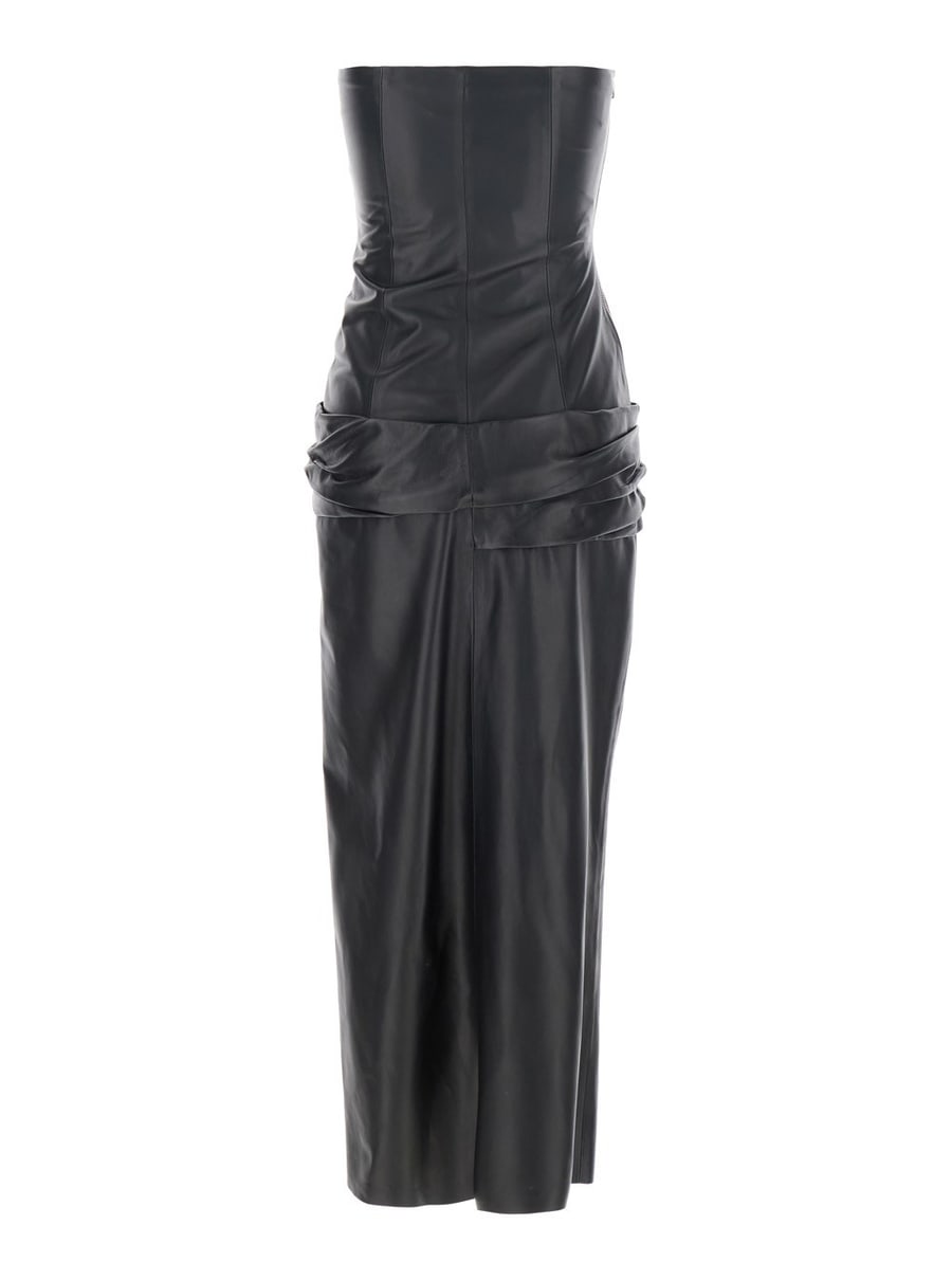 The Attico Abito Midi Smanicato a Spalle Scoperte con Singolo Spacco sul Fronte e Arricciatura in Vita in Pelle Nero Donna, view 2