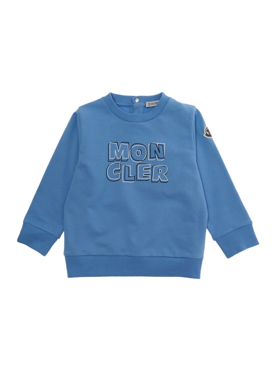 Moncler kids Felpa girocollo con patch logo sulla manica e maxi logo lettering sul fronte in cotone azzurra baby
