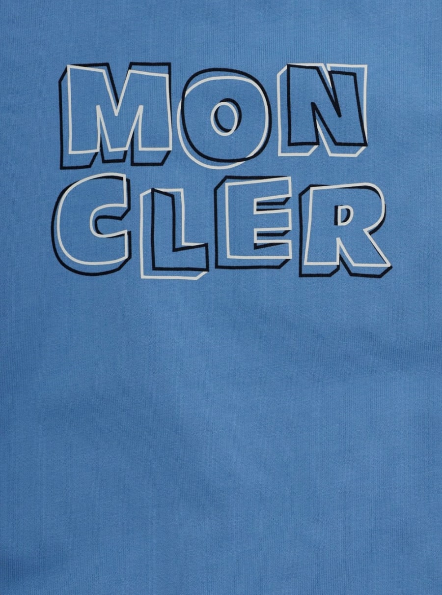 Moncler kids Felpa girocollo con patch logo sulla manica e maxi logo lettering sul fronte in cotone azzurra baby, view 3