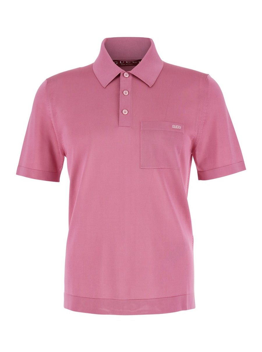 Gucci Polo con Tasca sul Petto e Logo Ricamato sul Fronte in Maglia di Seta Fine Rosa Uomo