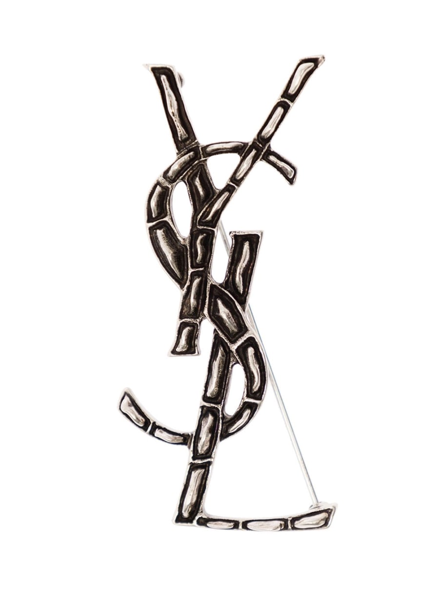 Saint Laurent Spilla con Monogramma a Texture Crocodile in Ottone Color Argento Donna